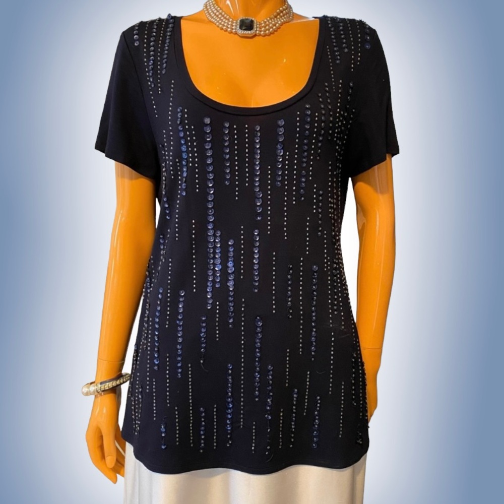 ANDREA JOVINE Beaded and Sequined Scoop Neck Navy Blue Short Sleeve Tee